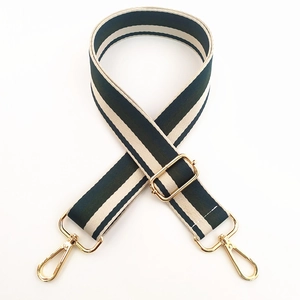Close-up of adjustable striped blue and beige bag strap with durable gold metal hooks