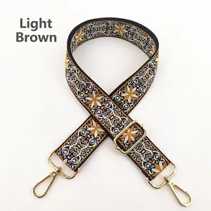 Adjustable floral ethnic style shoulder strap with golden metal swivel hooks and buckles