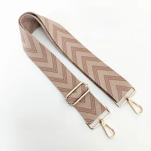 5cm wide beige and brick red chevron woven strap with adjustable gold buckle and hooks