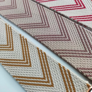 Macro detail of high-density embroidered canvas bag straps with colorful chevron patterns