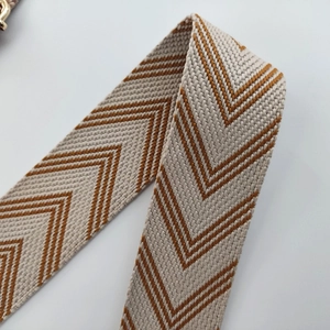 Close-up of woven bag strap featuring a classic V-shaped brown and white pattern