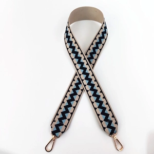 Detail of woven replacement strap with geometric wave pattern and gold metal swivel clasps
