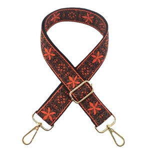 Ethnic embroidery wide purse strap with orange star flower jacquard and gold metal hooks