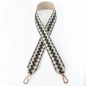 Detail of woven geometric zigzag purse strap with rose gold metal lobster clasps