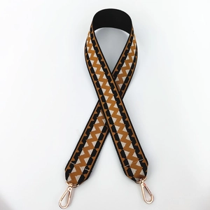 Close-up of ethnic geometric pattern woven strap with gold metal lobster clasps