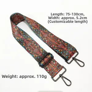 Adjustable 5.2cm wide bohemian strap with red yellow geometric pattern and metal hooks