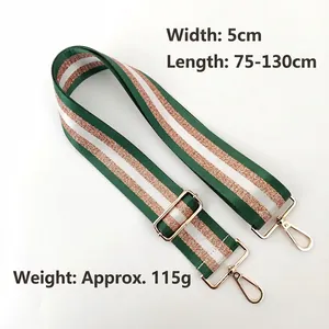 Adjustable 5cm wide nylon shoulder strap with green and rose gold metallic stripes