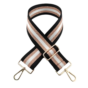 Adjustable nylon shoulder strap with gold-tone metal clips and colorful stripes pattern