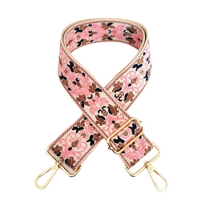 Ethnic style jacquard woven backpack strap with pink floral patterns and gold metal buckles