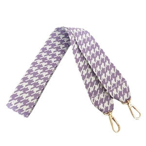 Purple and white houndstooth wide shoulder strap with gold metal hooks for handbags
