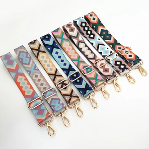 Ethnic style woven wide replacement shoulder strap with colorful geometric patterns and gold clips
