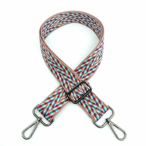 Detail of colorful geometric woven strap with gunmetal swivel hooks and adjustable buckle