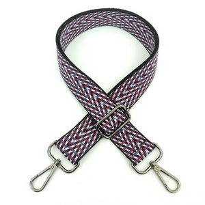 Detail of multi-color woven replacement strap with premium gunmetal lobster clasps