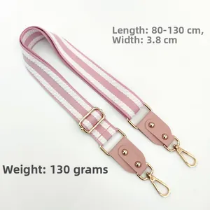 Bandoulière large rayée rose et blanche avec crochets dorés, réglable 80-130 cm