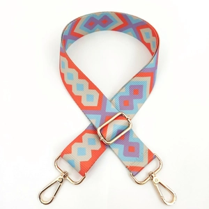 Detail showing colorful geometric patterned wide strap with gold metal lobster clasps