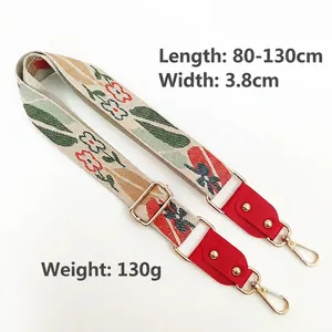 Ethnic floral embroidered handbag strap with golden lobster clasps, 80-130cm adjustable length