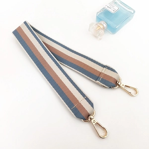 Close-up of striped canvas shoulder strap with golden metal swivel hooks in blue and brown