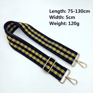 Tracolla regolabile in nylon a scacchi gialli e neri con ganci dorati, 75-130 cm
