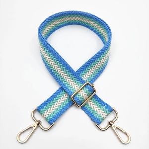 Détail de la bandoulière tissée de 3,8 cm avec jacquard bleu et mousquetons dorés brillants