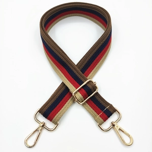Detail of adjustable thick striped canvas strap with polished gold metal swivel hooks