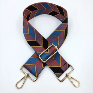 Detail of colorful geometric woven strap with gold metal lobster clasps and adjuster