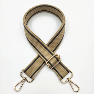 Close-up of khaki woven strap with black stripes and adjustable gold metal buckle