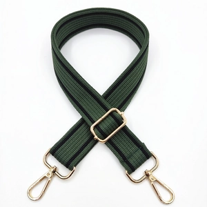 Detail of dark green and black striped woven wide strap with gold metal lobster clasps