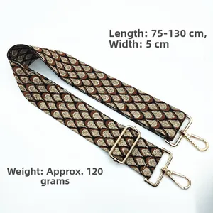 Tracolla larga regolabile con motivo pavone, larghezza 5cm, lunghezza 75-130cm, ganci oro