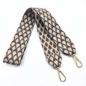 Ethnic wide bag strap with brown and grey geometric wave embroidery and gold hooks