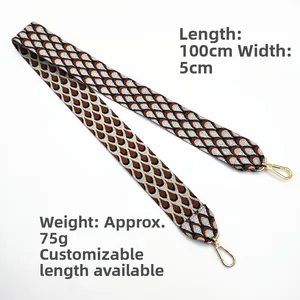 Detail of jacquard bag strap with peacock feather pattern and gold metallic clasps
