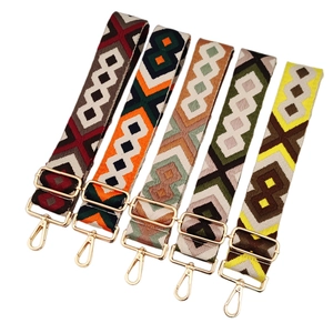 Adjustable jacquard bag straps with colorful geometric patterns and gold metal buckles