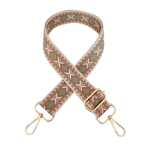 Detail of colorful geometric diamond pattern on wide adjustable shoulder bag strap