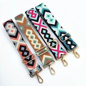 Ethnic embroidery geometric crossbody bag straps with golden metal buckles in four colors