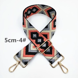 Detail of 5cm wide ethnic style woven canvas bag strap with golden metal lobster hooks