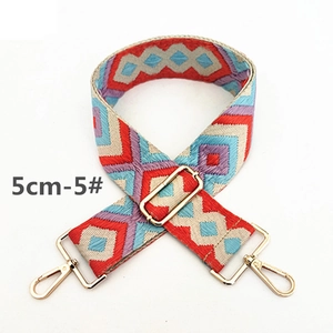 Detail of 5cm wide ethnic embroidered bag strap with golden metal lobster clasps