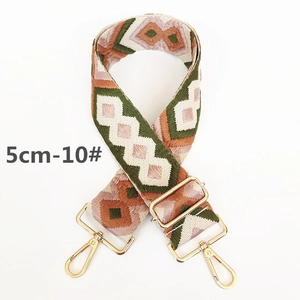 Close-up of 5cm wide jacquard bag strap with geometric patterns and gold metal hooks