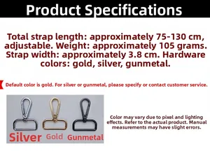 Detail showing adjustable 3.8cm wide bag strap with gold, silver and gunmetal hardware