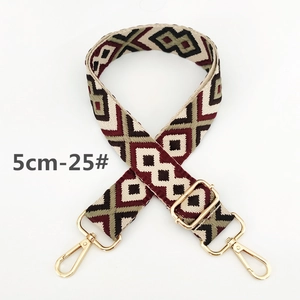 Detail of 5cm wide ethnic geometric pattern bag strap with gold metal swivel clasps