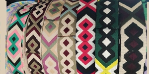 Detail of ethnic geometric embroidered patterns on thick canvas shoulder bag straps