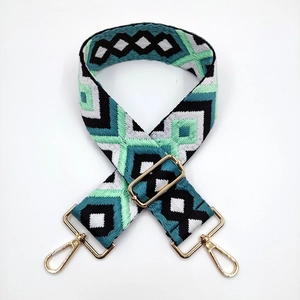 Ethnic geometric canvas handbag strap with thick weaving and gold metal buckles