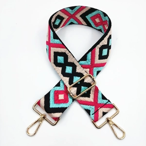 Ethnic geometric embroidery canvas bag strap with golden hooks and adjustable buckle