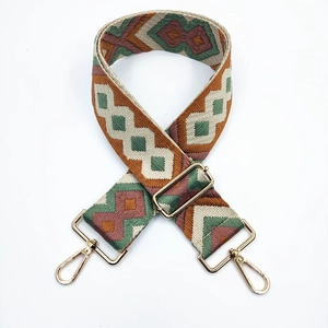 Ethnic style embroidered adjustable canvas bag strap with geometric pattern and gold hardware
