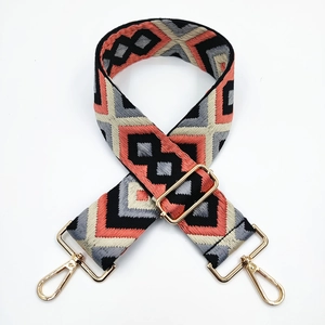 Ethnic style adjustable wide canvas shoulder strap with geometric patterns and gold hooks