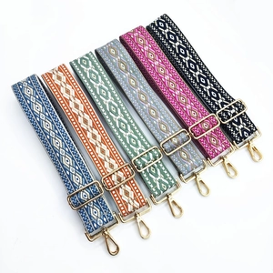 Detail view of colorful geometric embroidery straps with premium gold metal hardware