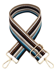 Adjustable wide jacquard strap for handbags with colorful stripes and gold metal hardware