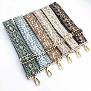 Close-up of adjustable ethnic style embroidered bag straps with gold metal hooks and hardware