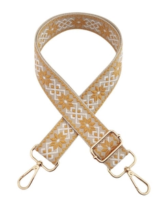 Adjustable wide replacement bag strap with yellow floral embroidery and gold metal hooks
