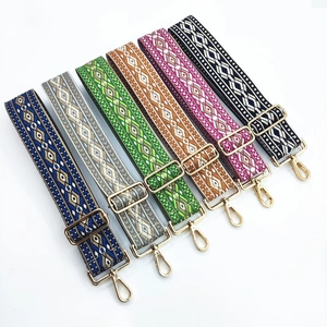 Detail of adjustable embroidered straps with geometric patterns and golden metal hardware