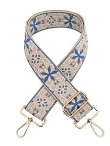 Ethnic wide bag strap with blue flower embroidery and adjustable gold metal buckles