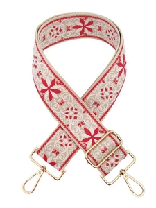 Ethnic style embroidered bag strap with floral jacquard pattern and gold metal hooks